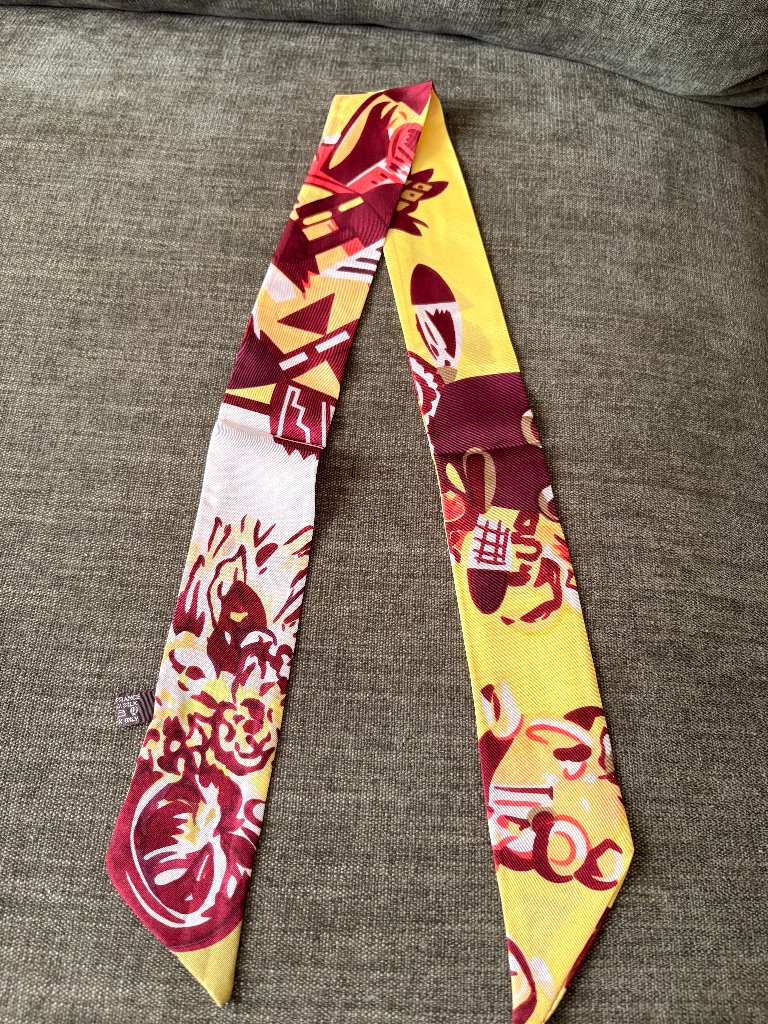 Herms Yellow Burgundy Silk Twilly Scarf 100 Silk Made In France